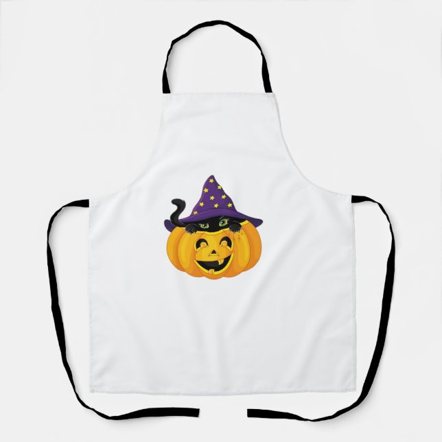Halloween Cat in Pumpkin – Cute Black Kitten Stick Apron (Front)