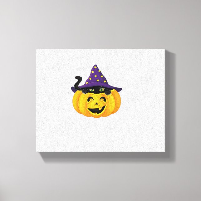 Halloween Cat in Pumpkin – Cute Black Kitten Stick Canvas Print (Front)