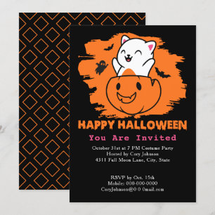 Halloween Cat in Pumpkin, Ghost Bats Black Orange Invitation