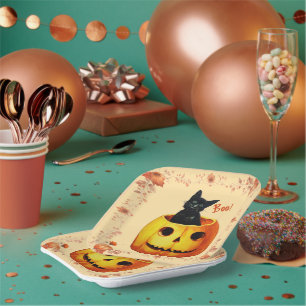 Halloween Cat in Pumpkin Pillow Paper Plate