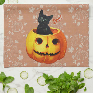 Halloween Cat in Pumpkin Tea Towel
