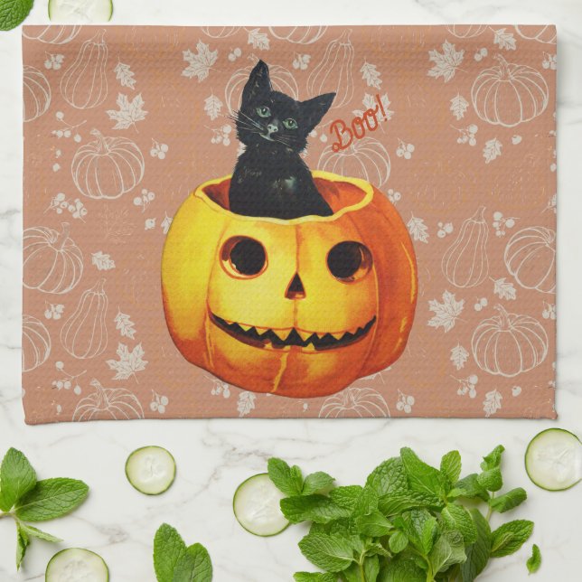 Halloween Cat in Pumpkin Tea Towel (Folded)