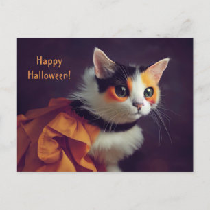 Halloween. cat in the pumpkin costume. postcard