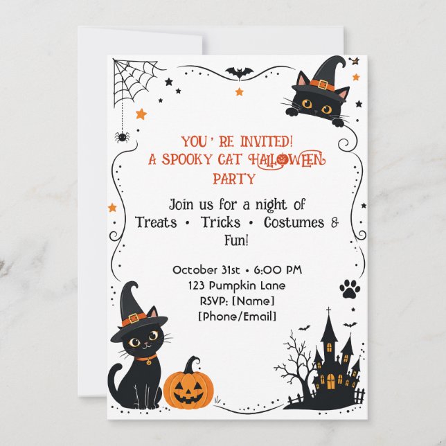 Halloween Cat Invitation Back Design | Cute Spooky (Front)