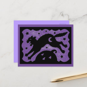 HALLOWEEN CAT JUMPING OVER PUMPKIN, BLACK & PURPLE HOLIDAY POSTCARD