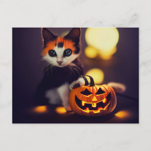 Halloween cat. Kittens with pumpkin. low Postcard