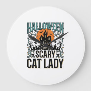 Halloween Cat Lady Scary Haunted House Vintage_1 Large Clock