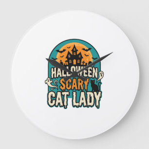 Halloween Cat Lady Scary Vintage Haunted House_1 Large Clock