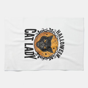 Halloween Cat Lady Vintage Black Cat Shirt Design Tea Towel