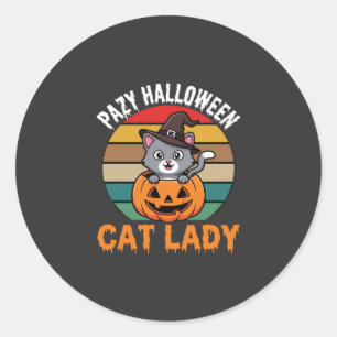Halloween Cat Lady Witch Pumpkin Retro Design Classic Round Sticker