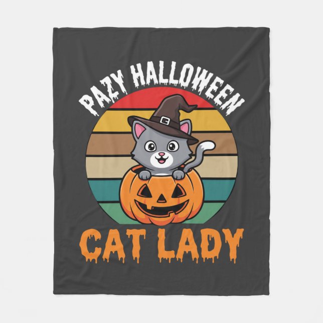 Halloween Cat Lady Witch Pumpkin Retro Design Fleece Blanket (Front)