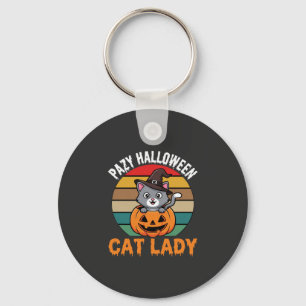 Halloween Cat Lady Witch Pumpkin Retro Design Key Ring