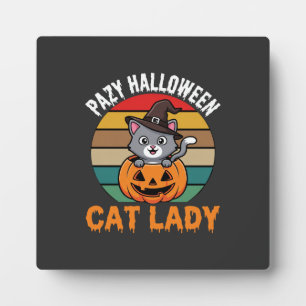 Halloween Cat Lady Witch Pumpkin Retro Design Plaque