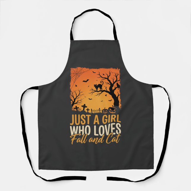 Halloween Cat Lover Fall Sunset Graphic Apron (Front)