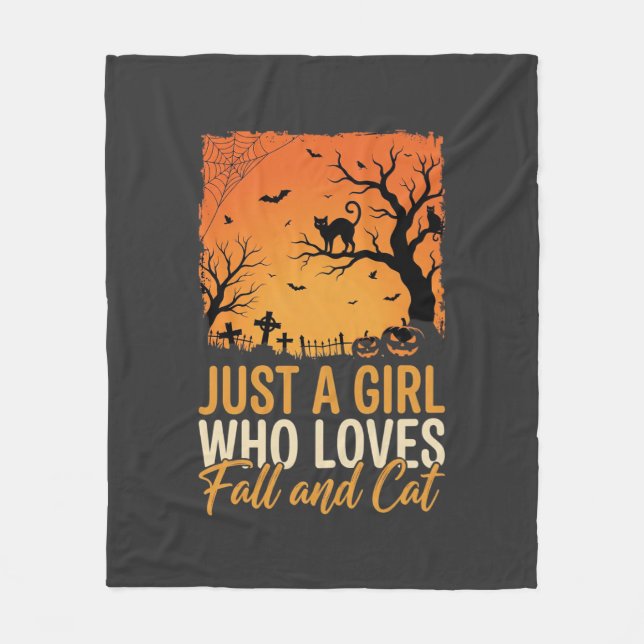 Halloween Cat Lover Fall Sunset Graphic Fleece Blanket (Front)