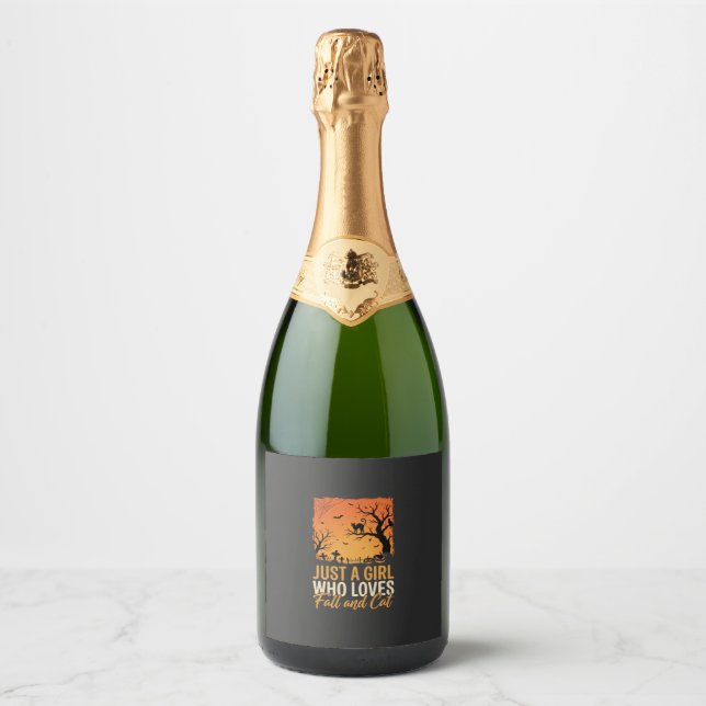 Halloween Cat Lover Fall Sunset Graphic Sparkling Wine Label (Front)