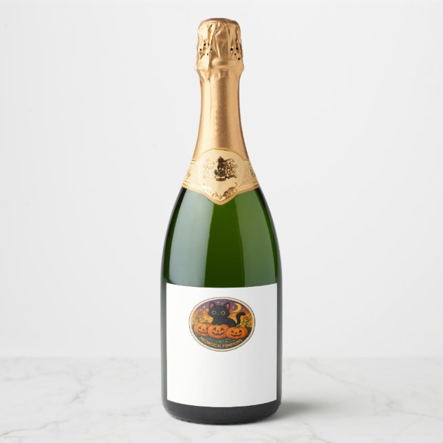 Halloween Cat Meowgical Pumpkins Embroidery Design Sparkling Wine Label (Front)
