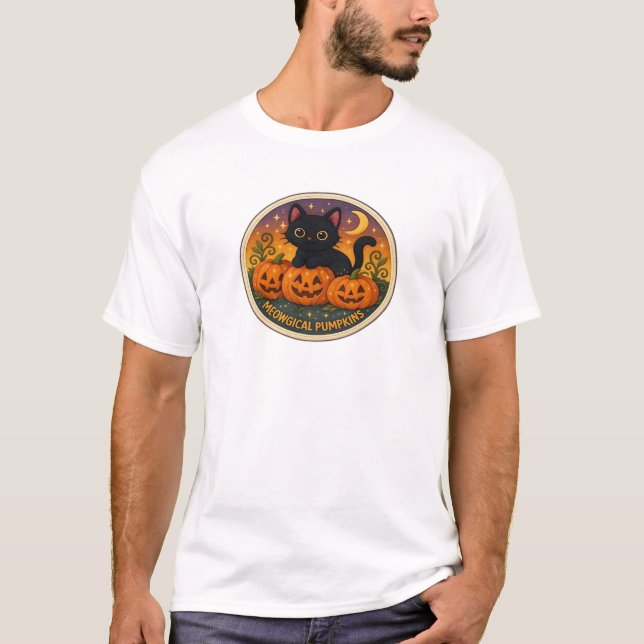 Halloween Cat Meowgical Pumpkins Embroidery Design T-Shirt (Front)