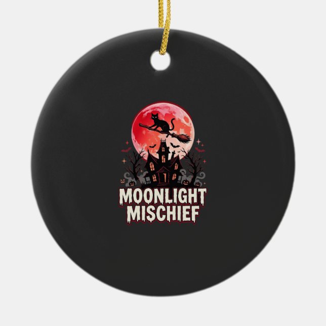 Halloween Cat Moonlight Mischief Ceramic Tree Decoration (Front)