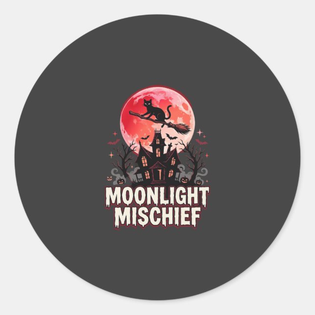 Halloween Cat Moonlight Mischief Classic Round Sticker (Front)