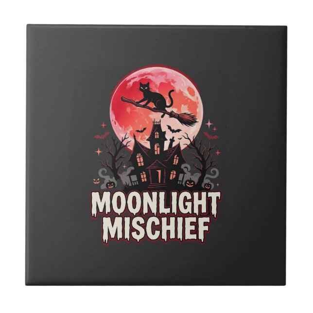 Halloween Cat Moonlight Mischief Tile (Front)