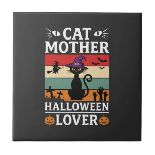 Halloween Cat Mother Lover Retro Witch Design Tile