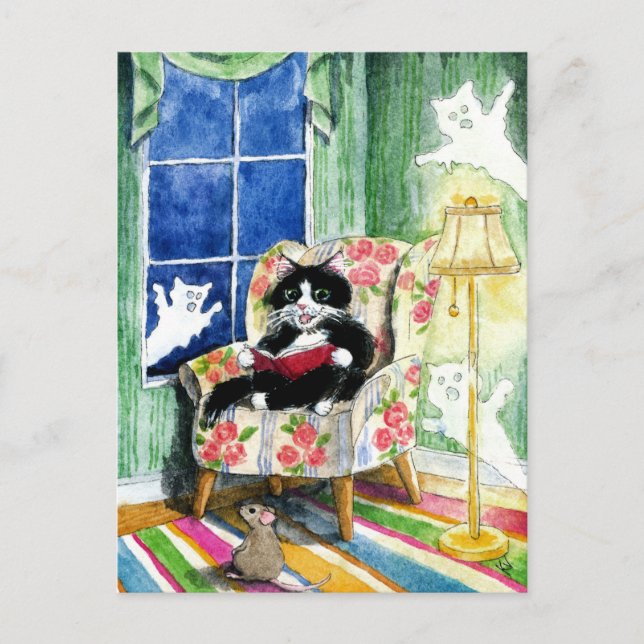 Halloween Cat Mouse Ghosts postcard (Front)