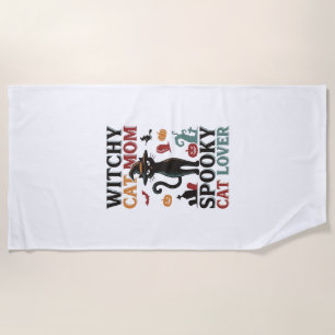 Halloween Cat Mum Vintage Witchy Cat Lover Design_ Beach Towel