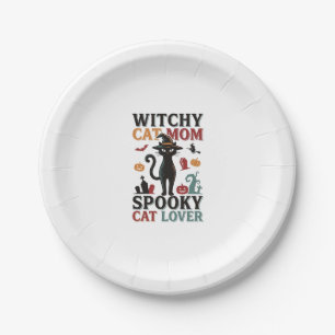 Halloween Cat Mum Vintage Witchy Cat Lover Design_ Paper Plate
