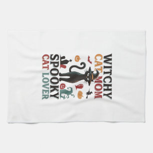 Halloween Cat Mum Vintage Witchy Cat Lover Design_ Tea Towel