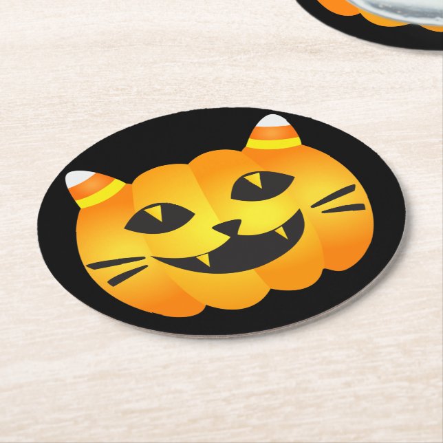 Halloween Cat-o'-Lantern Round Paper Coaster (Angled)