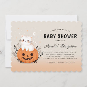 Halloween Cat On Pumpkin Orange Baby Shower Invitation