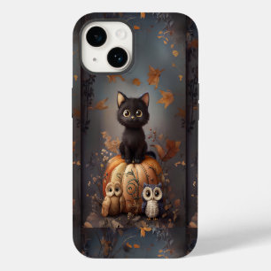 Halloween Cat on Pumpkin with Owls iPhone 14 Case