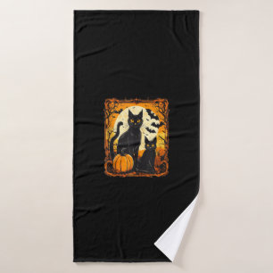 Halloween Cat, Orange Moon, and Bats, and Scary Pu Bath Towel