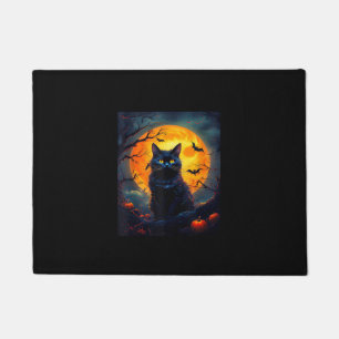 Halloween Cat, Orange Moon, and Bats, and Scary Pu Doormat