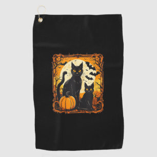 Halloween Cat, Orange Moon, and Bats, and Scary Pu Golf Towel