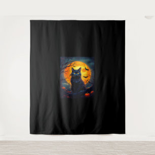 Halloween Cat, Orange Moon, and Bats, and Scary Pu Tapestry