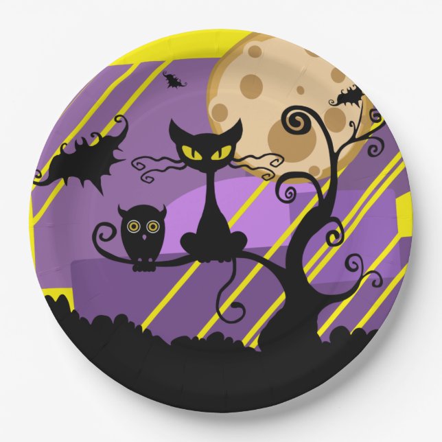 Halloween Cat & Owl Paper Plate (Front)