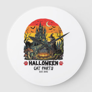 Halloween Cat Party Witch Cauldron Black Cats Haun Large Clock