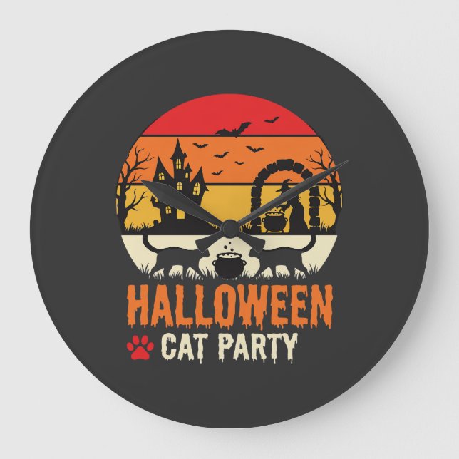 Halloween Cat Party Witch Cauldron Silhouette Desi Large Clock (Front)