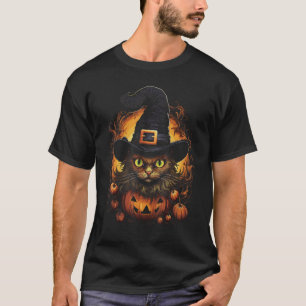 Halloween Cat Pumpkin Costume Spooky Witch Hat T-Shirt