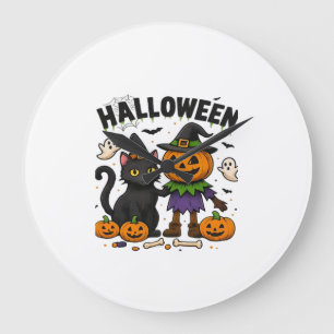 Halloween Cat & Pumpkin Friends Cute Spooky Shirt Large Clock