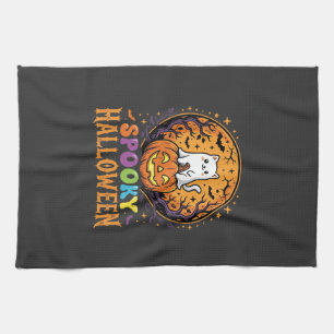 Halloween Cat Pumpkin Moon Vintage Design Tea Towel