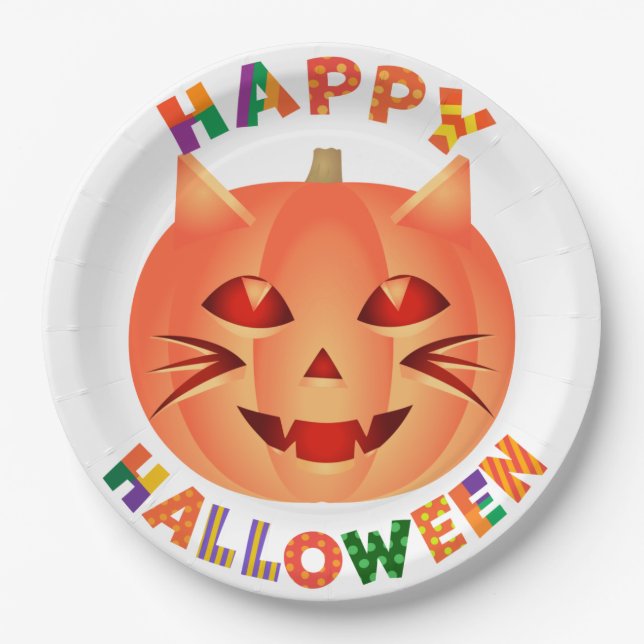 Halloween Cat Pumpkin Paper Plate (Front)
