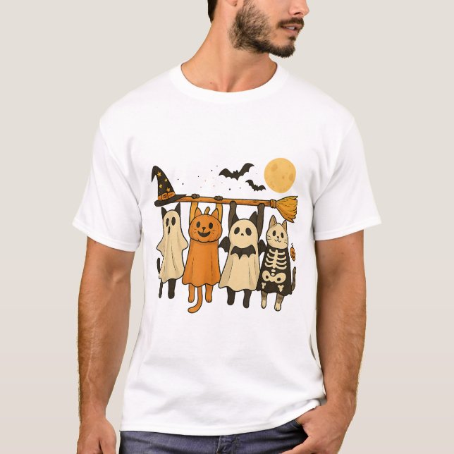 Halloween Cat Pumpkin Skeleton T-Shirt (Front)