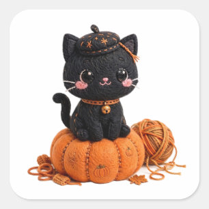 Halloween Cat Pumpkin Sticker — Embroidery look