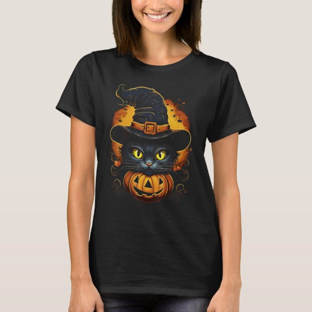 Halloween Cat Pumpkin Witch Hat Spooky Black Cat H T-Shirt (Front)