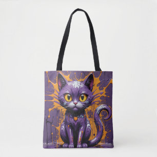 Halloween Cat Purple & Orange Design Tote Bag