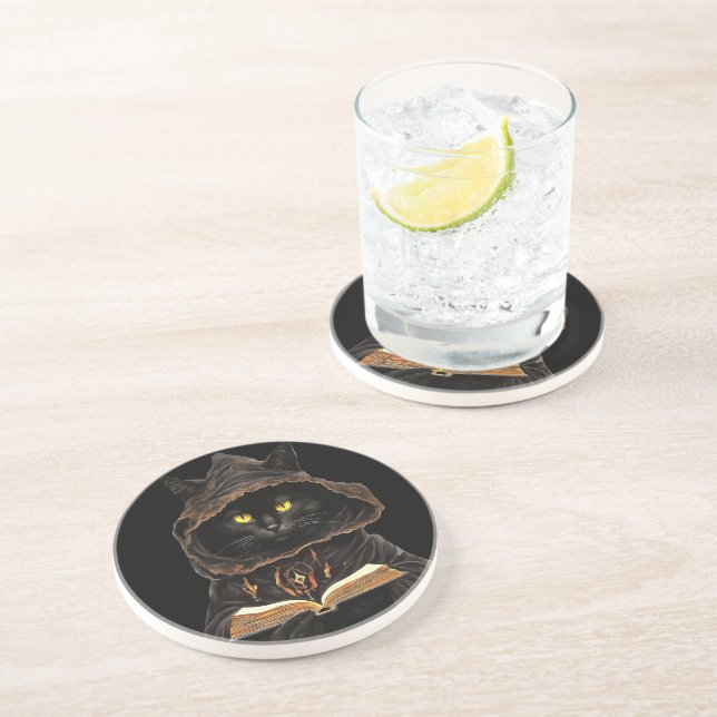 Halloween Cat Reading Preys Anatomy Spell List Coaster (Side)