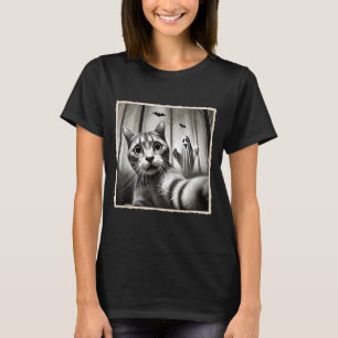 Halloween Cat Selfie With Ghost _ Funny Halloween T-Shirt